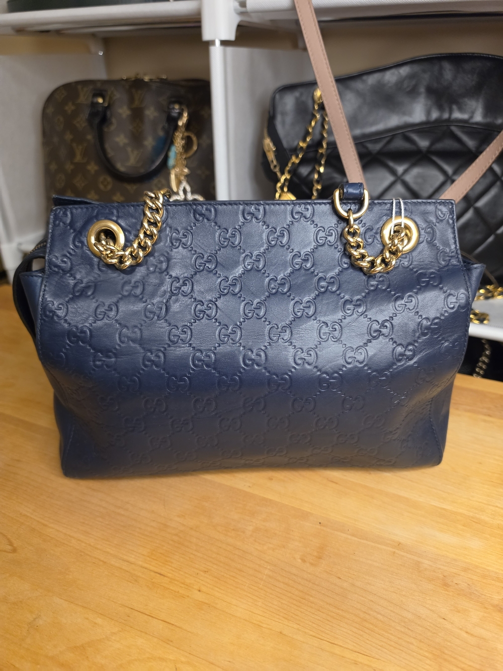 Gucci Navy Embossed Zippered Leather Shoulder Bag with Gold Chain & Accents